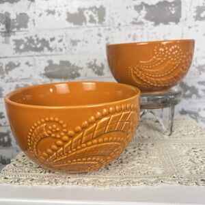 Pier 1 Stoneware Set Of 2 Nesting Bowls Orange Whimsical Paisley Boho Festive